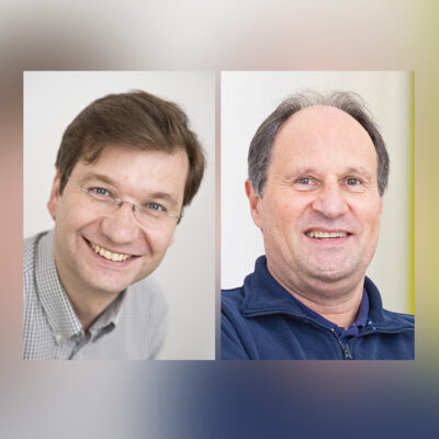 Bilder von zwei Personen: Prof. Dr. Thorsten Glaser, Fakultät für Chemie/Anorganische Chemie; Prof. Dr. Thomas Huser, Fakultät für Physik/Biomolekulare Photonik