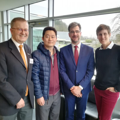 Group photo: Professor Dr Martin Egelhaaf (vice-rector for research at Bielefeld University), Professor Dr Panki Kim and Professor Dr Moritz Kassmann (both spokespersons for the IRTG 2235) and Dr Claudia Köhler, the group’s scientific coordinator