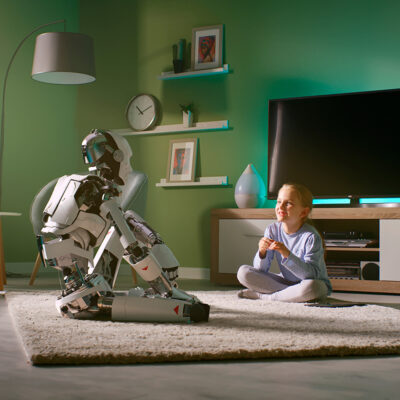 Girl speaking with robotic friend at home